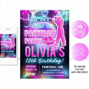 paintball birthday invitation girl, Paintball invitation girl, Paintball party girl, paint ball invitation girl, Girl Electronic Mobile