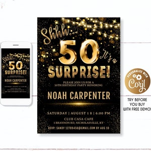 Shhh... It&#39;s a Surprise Birthday Invitation, 50th 45th Birthday Surprise Gold Birthday Invitation for Him Men Man Shhh… es una sorpresa