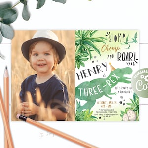 Dinosaur Birthday Invitation boy, with photo, Dinosaur Three-Rex Party, Dino Party, Three Rex Birthday Party, boy Dino T-Rex with photo