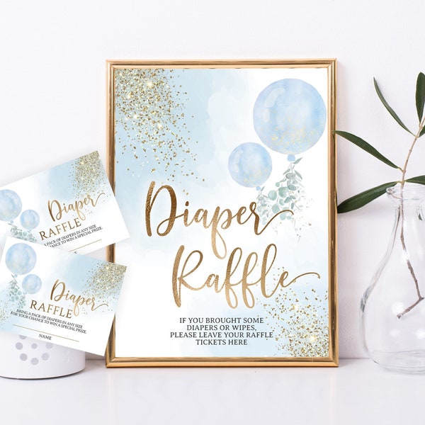 Oh Boy Baby Shower Diaper Raffle Sign and Cards Blue Gold and  Two Blue Balloons Diaper Raffle Card, Watercolor Balloons Diaper Raffle
