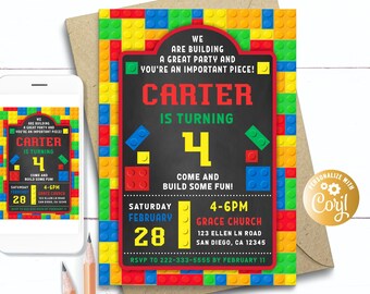 Building Block Invitation, Building Blocks Party Invitation, Instant Digital Download, Building Invitation, Building Blocks for Boy