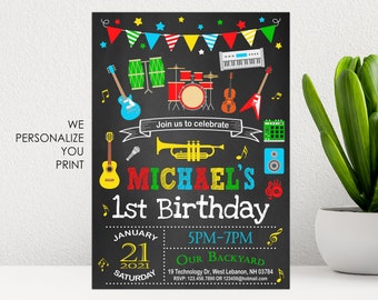 Music Birthday Invitation, First Birthday, instruments Music Party, guitar, microphone, Adults, Any age, Kids Music Birthday Invitation