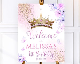 Editable Princess Birthday Welcome Sign Girl, Printable Girl Royal Birthday Welcome Poster Decor Editable 16x20,  Pink Gold Castle Birthday