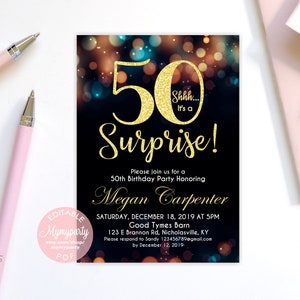 Surprise 50th Birthday Invitation for woman, Shhh... It&#39;s a Surprise! 50th Birthday Invitation, 50th Birthday for her, Black and Gold, Gold