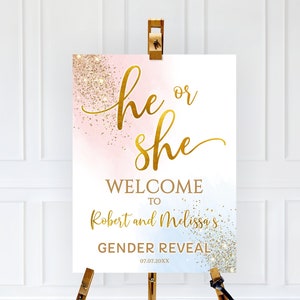 Gender Reveal Sign, Editable Gender Reveal Welcome Sign, Printable Gender Reveal Welcome Sign He or She, Pastel Blue Pink Gold Smoke Decor