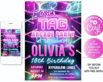 Laser Tag Arcade Party Anniversaire Invitation Filles, Laser Tag Birthday Arcade Party, Fille Laser Tag Arcade Party Anniversaire Invitation