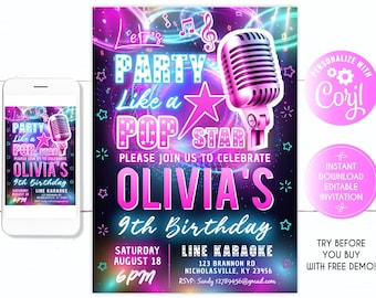 May include: A pink and blue digital invitation for a 9th birthday party. The invitation features a microphone, a star, and the text "Party Like a Pop Star". The invitation also includes the birthday girl's name, Olivia, and the date and time of the party. The invitation is decorated with a pink and blue neon glow.