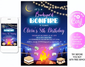Birthday Bonfire Invitation, Fall Bonfire Invitation, Backyard Party EDITABLE S'more Birthday invitation 10 Bonfire Birthday, Camping Invite