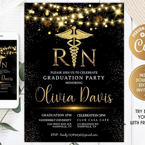 Editable Nursing Graduation Invitation. Registered Nurse Etsy