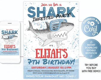 Shark Birthday Invitation, Shark Infested Party, Shark Attack Birthday, Birthday Bash, Shark Invitation, Shark Birthday Invitation Boy
