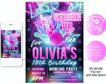 Bowling birthday invitation, let&#39;s strike up some fun, EDITABLE Bowling Invitation, Girl Bowling Birthday Invitation, Neon Glow Invitation
