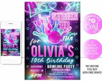 Bowling birthday invitation, let's strike up some fun, EDITABLE Bowling Invitation, Girl Bowling Birthday Invitation, Neon Glow Invitation