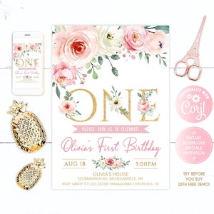 Blush Pink Floral First Birthday Party Invitation, 1st Birthday Editable invite, Girl’s First Birthday Invitation, Floral Pink Party