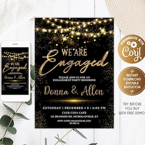 Könnte beinhalten: Schwarze und goldene Einladungskarte zur Verlobungsfeier mit dem Schriftzug "We Are Engaged" in elegantem Gold. Die Einladung enthält die Namen Donna & Allen, Veranstaltungsdetails und ein Smartphone mit dem gleichen Design.