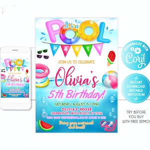 Pool Party invitation girl, 5th Birthday invitation girl, Pool Birthday Bash invitation, Splish Splash, Invitation,Beach, Ball,Pool Birthday