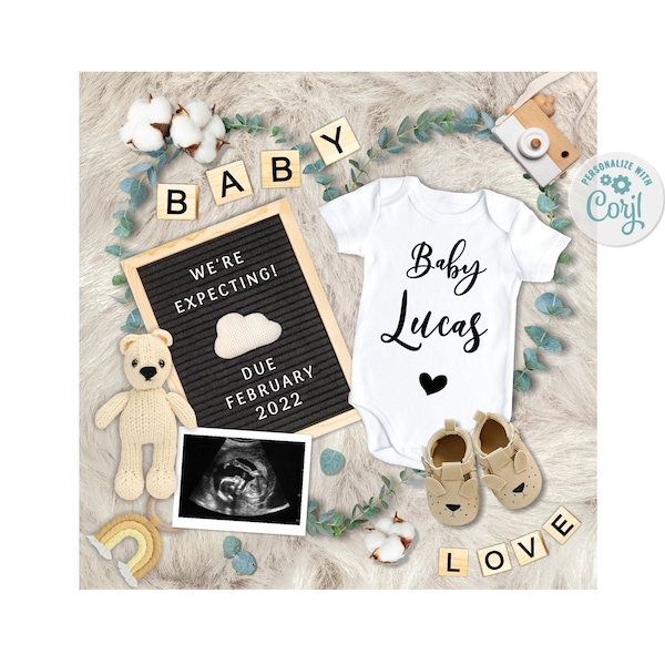 Digital Pregnancy Announcement, Social Media Gender Neutral Baby Reveal, Pregnant Announcement, Greenery, Digital Boy Pregnancy cotton