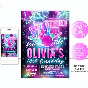 Bowling birthday invitation, let's strike up some fun, EDITABLE Bowling Invitation, Girl Bowling Birthday Invitation, Neon Glow Invitation image 1