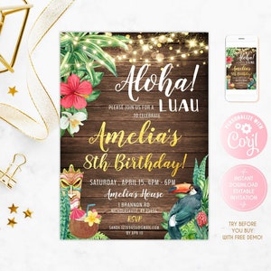 Aloha Birthday Invitations, Summer Birthday Party, Luau Birthday, Aloha Hawaii Birthday Invitations, Tropical Birthday Invitation, Jingle