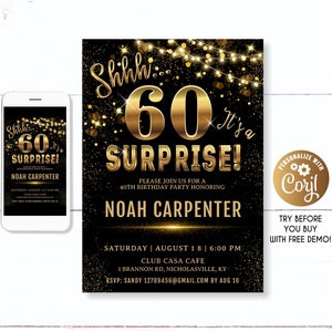 Shhh... É um convite surpresa para o 60º aniversário, convite surpresa para o 65º aniversário, aniversário dourado para ele, homem Shhh… é uma surpresa
