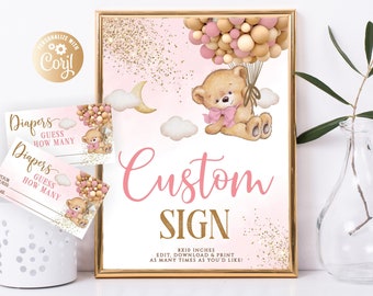 Signo personalizado de oro rosa de oso editable, decoración de cumpleaños de oro de la niña oso, juego de pastel de pañales de oso signo de texto personalizado oso adivina cuántos pañales