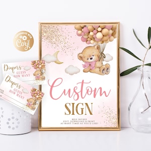 Editable Bear Pink Gold Gold Custom Sign, Bear Girl Gold Birthday Decor, Bear Diaper Cake Game Custom Text Sign Bear Guess How Many Diapers