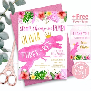 Princess dinosaur birthday invitation, free favor tags, Dinosaur Princess Party, Dino Party, Three Rex, Girl Dino T-Rex, pink