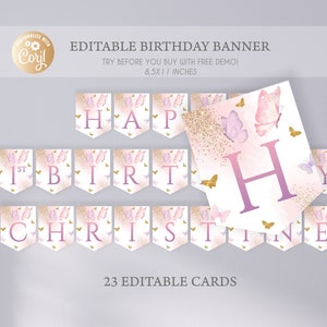 Editable Butterfly Birthday Banner Gold Pink, Butterfly  1st Birthday Banner , Butterfly Girl, Butterfly One Happy Birthday Banner