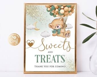 Letrero editable de oso con dulces y golosinas, decoración de cumpleaños de oso, dulces y golosinas de oso, pastel de mesa de dulces verdes de oso, mesa de dulces de oso