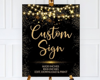 Editable Custom Sign, Custom Welcome Sign, Decor, Black and Gold Glitter Party Sign, Editable Black & Gold Party Table Custom Sign