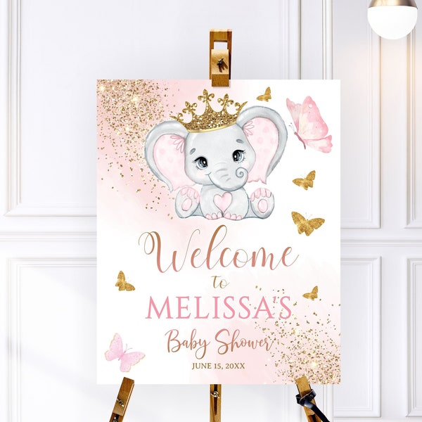 Editable Elephant Gold Crown Glitter Baby Shower Welcome Sign Girl, Printable Girl Elephant Welcome Poster Pink Elephant Gold Glitter