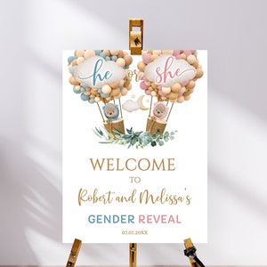 Gender Reveal Sign, Editable Bears Hot Air Balloon, Greenery Gender Reveal Welcome Sign, Bear Gender Reveal Welcome Sign He or She