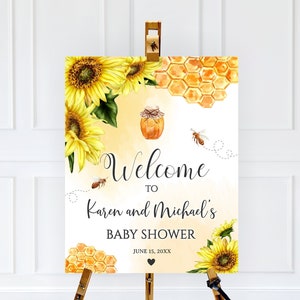Abeja editable un poco de miel baby shower signo de bienvenida, baby shower signo de bienvenida abeja, cartel de bienvenida, signo de patio de signos, decoración de girasol de abeja
