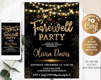 Golden Farewell Party invitations, Farewell Lunch invitations, Farewell Invitation,  Farewell Party, Editable Farewell Invitation Template