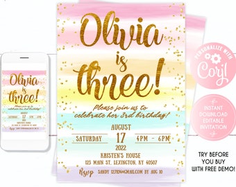 3rd birthday invitation, rainbow, Girl’s third Birthday Party Invitation, three Birthday  Editable  Gold rainbow 3rd birthday invitation