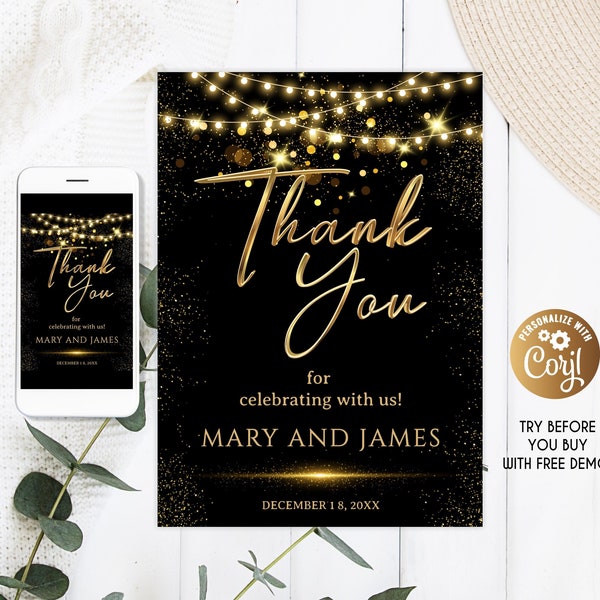 Thank You Card Template, Thank You Note, Thank You Card, Gold Thank You Card Template, Gold And Black Thank You Card Template Printable DIY