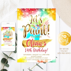 Art Painting Birthday Party Invitation, Painting Birthday Invitation, Art Birthday, Painting Party, Art Party Invitation, Let&#39;s Paint