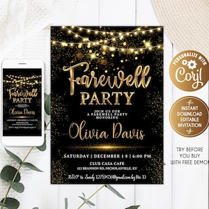Golden Farewell Party invitations, Farewell Lunch invitations, Farewell Invitation,  Farewell Party, Editable Farewell Invitation Template