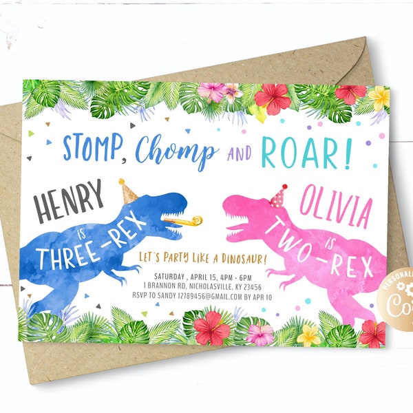 Dinosaur Double Birthday Invitation, Blue Pink Dinosaur Three-Rex Party, Three Rex Double Birthday Invitation, Boy Girl Twins Dino T-Rex