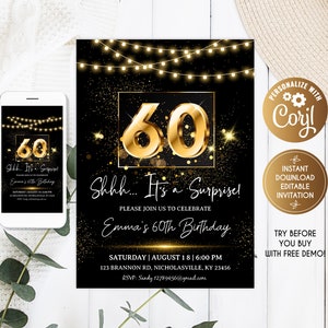 60. Geburtstagseinladung bearbeitbar, für Frau, Gold & Dark Geburtstagseinladung, Gold sechzigste lädt ein, sie, sechziger Geburtstag, 60.Geburtstag