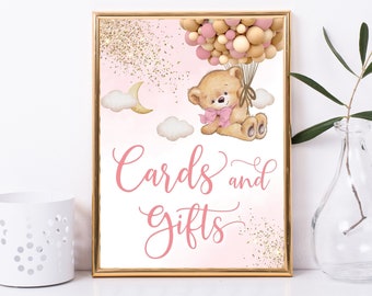 Bear Cards And Gifts Sign for Girl, Pink Bear Gold Cards & Gifts Table Sign Printable Girl, Bear Girl's 1st Birthday Baby Shower Bear Sign