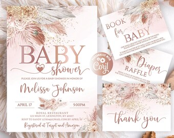 Editable Boho Baby Shower Invitation Set, Boho Baby Shower, Modern Boho Baby Shower Invitation Template, Boho Floral Glitter Gold Gender