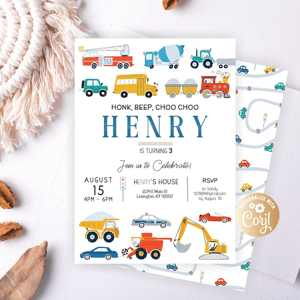 Transportation Birthday Invitation, Honk, Beep, Choo Choo, Train, Truck Birthday Invitation, Cars Birthday Invite, Truck and Cars Birthday