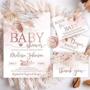 Editable Boho Baby Shower Invitation Set, Boho Baby Shower, Modern Boho Baby Shower Invitation Template, Boho Floral Glitter Gold Gender