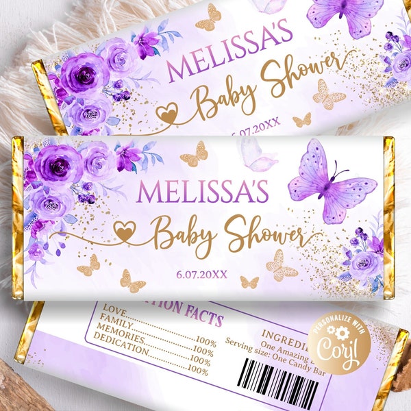 Editable Butterfly Chocolate Wrapper Purple Roses, Printable Butterfly Candy Bar Wrapper Roses, Gold Chocolate Bar Wrappers Baby Shower