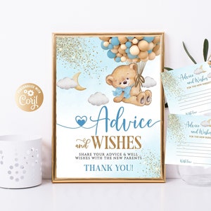 Bewerkbaar Bear Boy Blue Advies voor ouders, Bear Blue Advies en wensen voor ouders Party Decor Sign Bear Boy Baby Adviesbord en Kaarten Goud