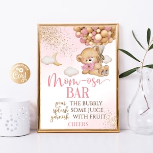 Editable Bear Girl Pink Gold Mom-osa Bar Baby Shower Sign,  Bear Mom-osa Bar Baby Shower Sign, Girl Pink Bear Mom-osa Bar Table Sign Gold