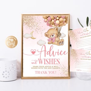 Bearbeitbares Bärn-Rosa-Mädchen Rat für Eltern, Bär-Rosa-Rat und Wünsche für Eltern Party-Dekor-Schild, Bär-Baby-Rate-Schild und Karten Gold