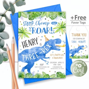 Dinosaur Birthday Invitation boy, blue, free favor tags, Dinosaur Three-Rex Party, Dino Party, Three Rex Birthday Party, Girl Dino T-Rex