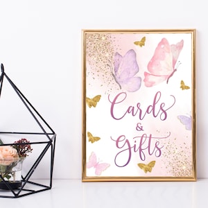 Schmetterling Karten und Geschenke Schild, rosa Schmetterling Karten & Geschenke Tischschild druckbares Mädchen, Mädchen 1