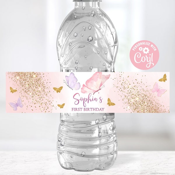 Editable Butterfly Bottle Label, For Girl,Butterfly 1st Birthday Water Bottle Labels,Butterfly Decor Water Bottle Labels Pink Gold Printable